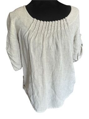Lina Tomei Italy Women’s Top Size S Khaki Short Roll Tab Sleeves Pleated